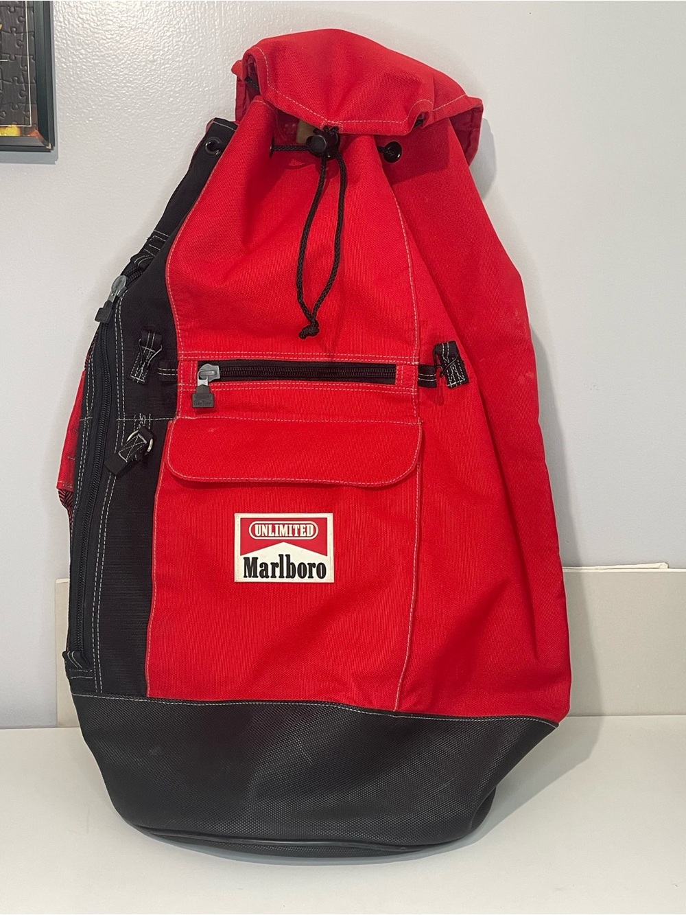 Vintage 90s Marlboro Unlimited Red Canvas Gear Bag Backpack Sling Duffle